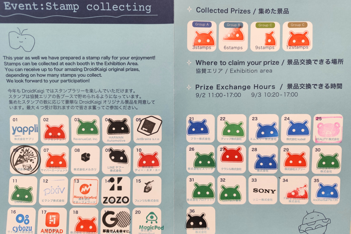 DroidKaigiのスタンプラリーの台紙。スタンプ獲得数に応じた景品の案内、景品交換場所と時間、および36枠の協賛企業スタンプマス(スタンプ押印済み)が記載されている。