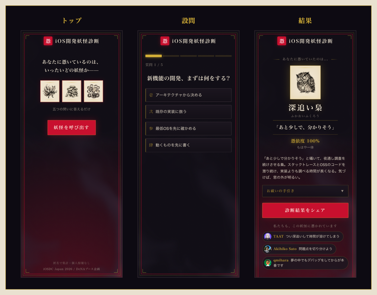 妖怪診断のトップ・設問・結果の画面